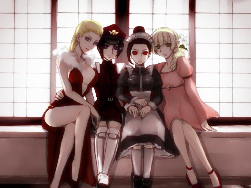 alternate_costume, apron, arm_around_waist, bangs, black_hair, blonde_hair, boots, breasts