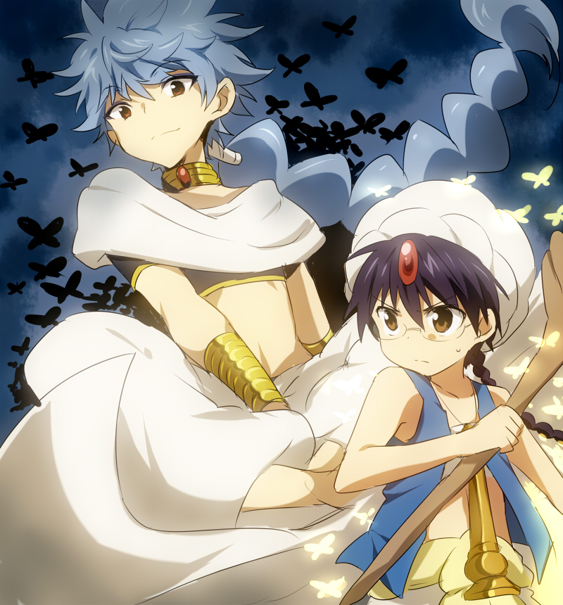 aladdin_(magi), aladdin_(magi)_(cosplay), black_hair, blue_hair, braid, brown_eyes, gintama, glasses