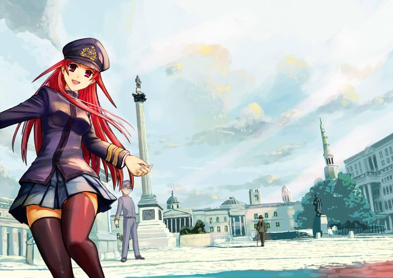 2boys, black_legwear, blush, cloud, clouds, hat, long_hair, multiple_boys