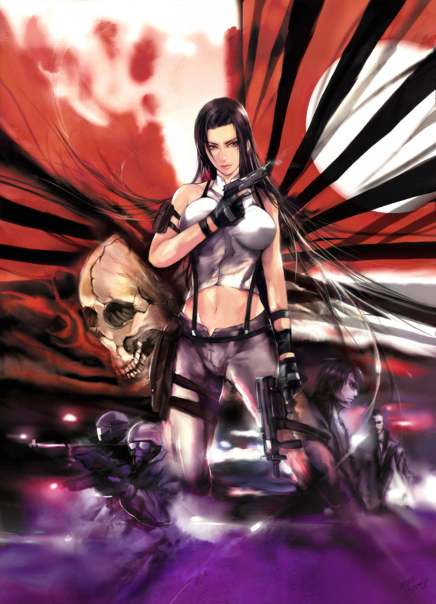 4boys, breasts, gun, headset, highres, holster, koyama_sousuke, large_breasts, long_hair, midriff, multiple_boys, navel, original, skull, smoke, smoking_gun, weapon