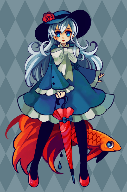 argyle, argyle_background, blue_eyes, blue_hair, bow, curly_hair, dress, fish
