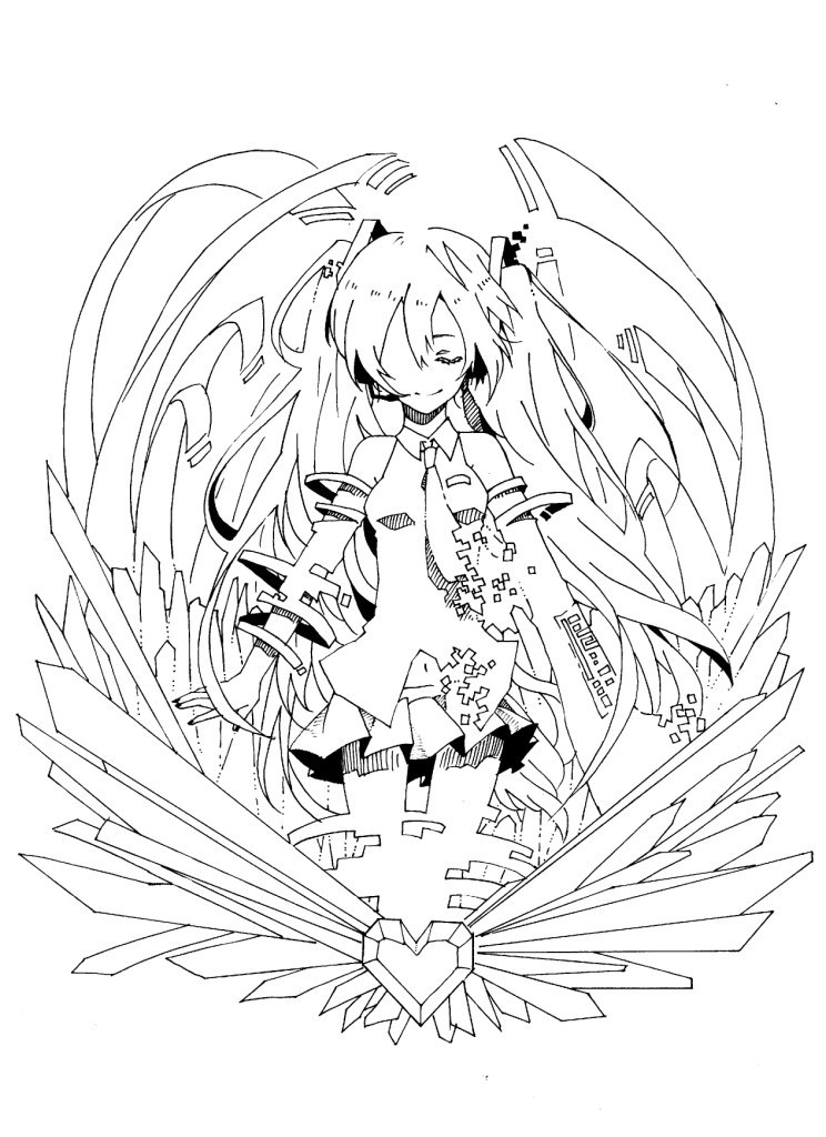 closed_eyes, digital_dissolve, eyes_closed, hatsune_miku, hibarisann, lineart, long_hair, monochrome, necktie, smile, solo, very_long_hair, vocaloid