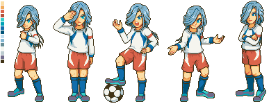 1boy, ball, blue_eyes, blue_hair, character_sheet, daigokurin, edgar_valtinas, hair_over_one_eye, knights_of_queen, long_hair, male, open_mouth, pixel_art, soccer_ball, soccer_uniform, solo, standing