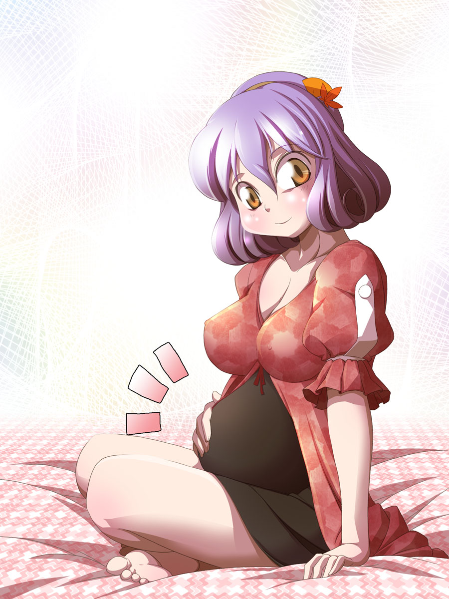 barefoot, breasts, chamupei, cleavage, hair_ornament, hand_on_stomach, highres, on_bed