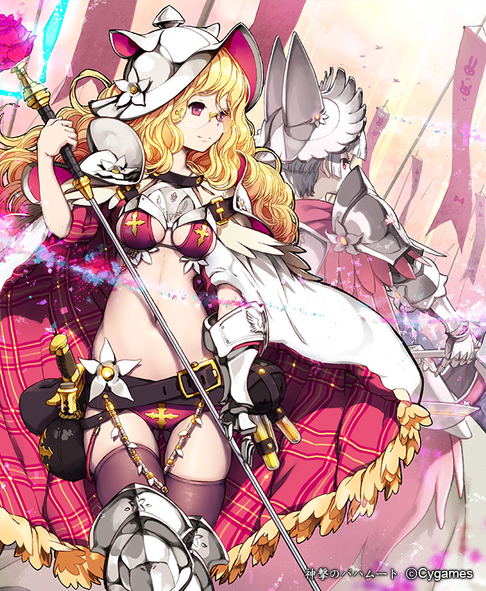 armor, belt, blonde_hair, breasts, cape, gauntlets, glasses, greaves