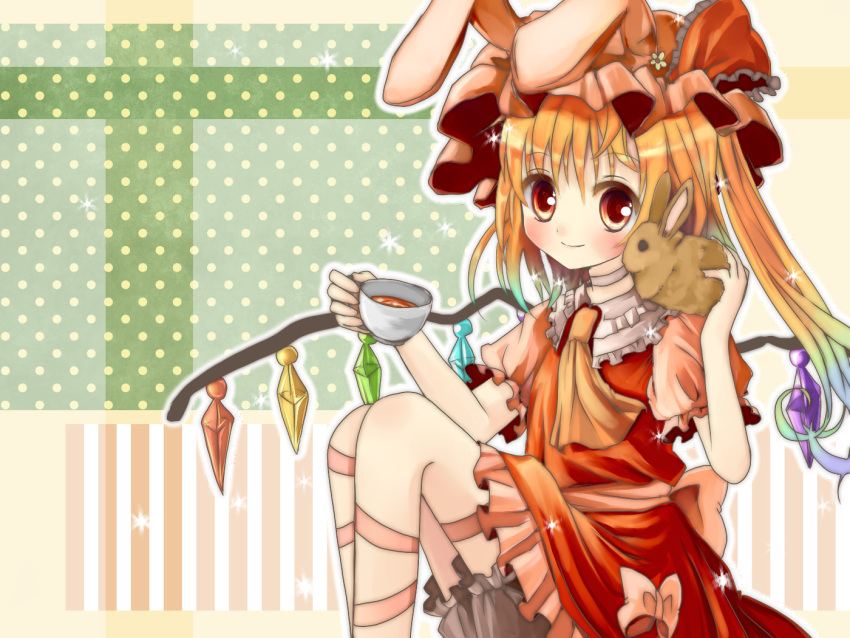 animal_ears, aqua_eyes, ascot, blonde_hair, bloomers, bunny, bunny_ears, cup