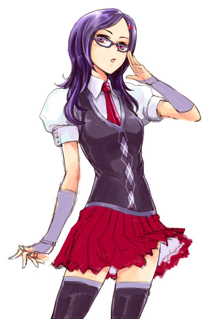 akihidekawa, argyle, copyright_request, elbow_gloves, glasses, gloves, necktie, purple_hair, skirt, solo, thigh-highs, thighhighs, zettai_ryouiki