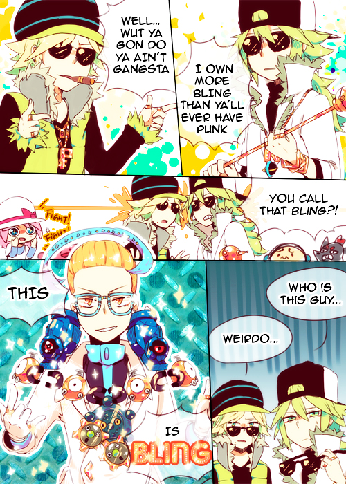 3boys, akuroma_(pokemon), baseball_cap, bling, blonde_hair, blue_eyes, comic, english