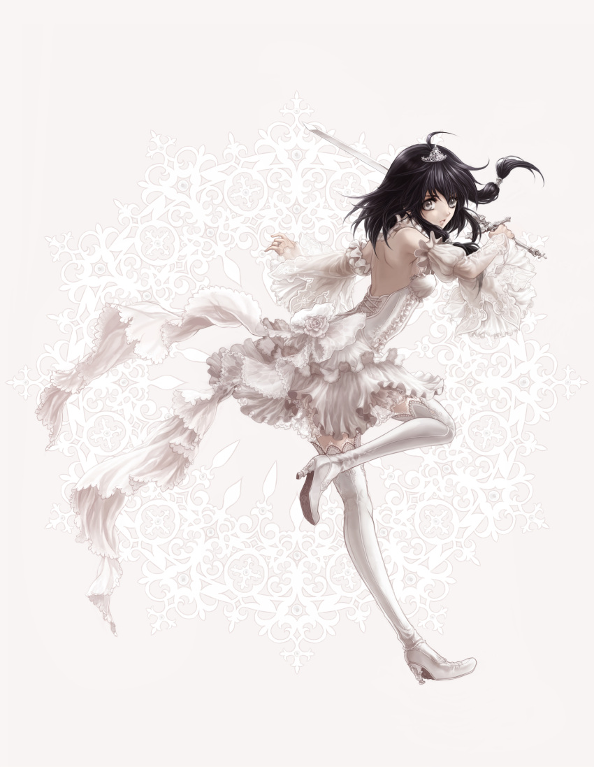 bare_back, black_hair, corset, grey_eyes, high_heels, highres, jewelry, long_hair