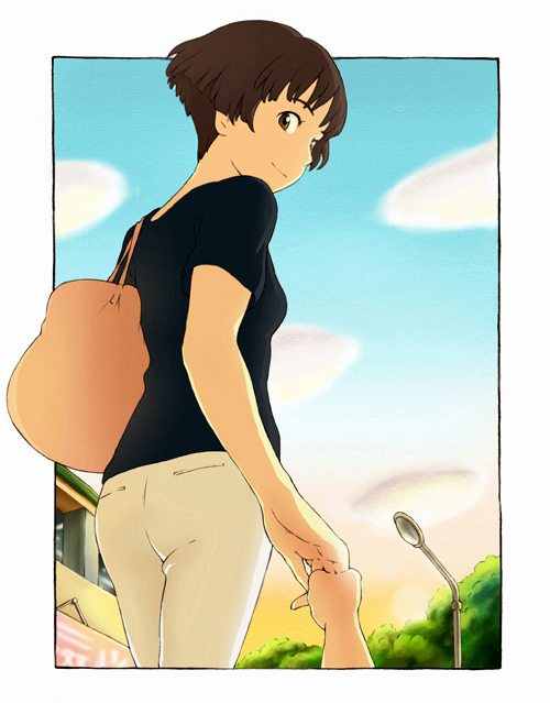 1boy, 1girl, age_difference, bag, bob_cut, brown_eyes, brown_hair, cloud