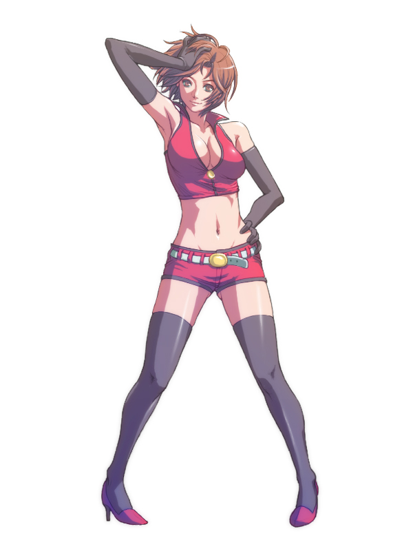belt, breasts, brown_eyes, brown_hair, cleavage, elbow_gloves, gloves, high_heels, matsudo_aya, meiko, navel, revision, shoes, short_hair, shorts, solo, thigh-highs, thighhighs, vocaloid