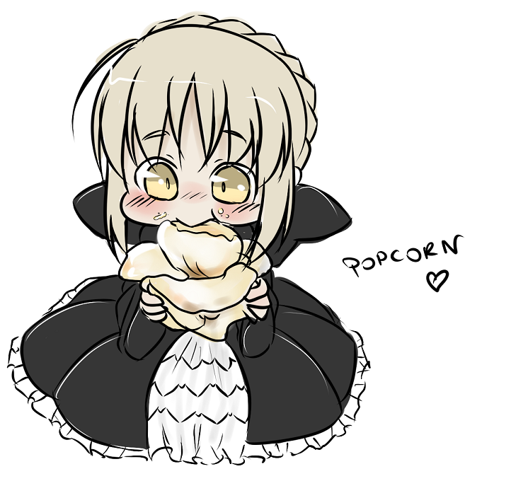:>=, blonde_hair, blush, chibi, eating, fate/stay_night, fate_(series), gothic_lolita