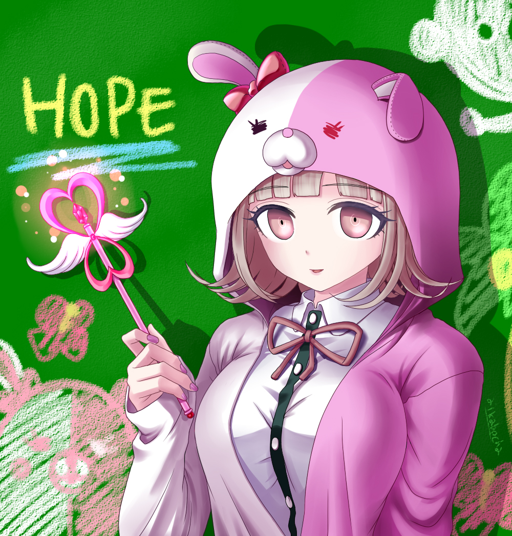 aikabocha, breasts, hoodie, large_breasts, long_hair, monomi_(dangan_ronpa), nanami_chiaki, open_mouth