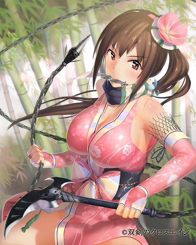 breasts, bridal_gauntlets, brown_eyes, brown_hair, chain, chains, character_request, ddal, flower, genderswap, hair_flower, hair_ornament, kama_(weapon), kusarigama, large_breasts, long_hair, mouth_hold, shishido_baiken, sickle, side_ponytail, solo, souken_no_cross_age, weapon, whip