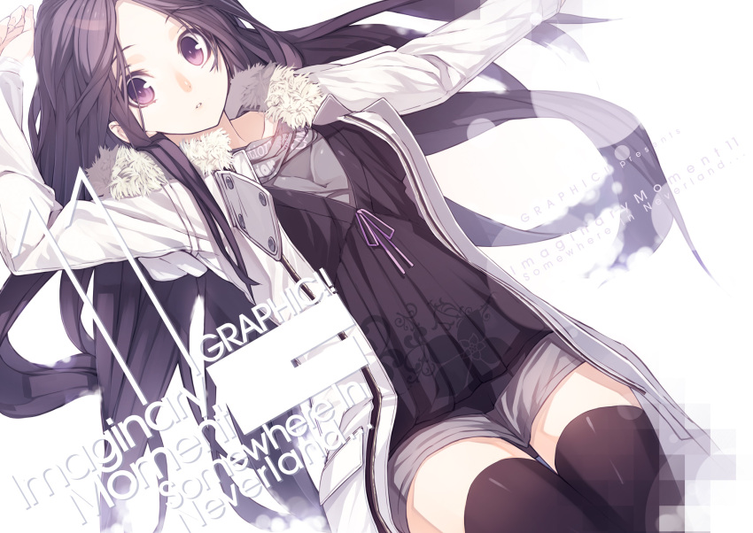 arm_up, black_hair, black_legwear, cover, cover_page, highres, long_hair, looking_at_viewer