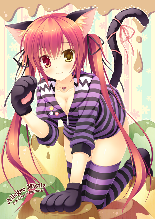animal_ears, blush, breasts, cat_ears, cat_tail, dated, hair_ribbon, heterochromia