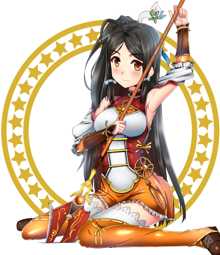 ara_han, arm_up, armpits, black_hair, blush, brown_eyes, elsword, highres, long_hair, looking_at_viewer, polearm, side_ponytail, sitting, skyofgs, solo, spear, thigh-highs, thighhighs, wariza, weapon, white_background