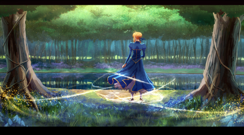 ahoge, blonde_hair, dress, fate/stay_night, fate_(series), forest, from_behind, ganov