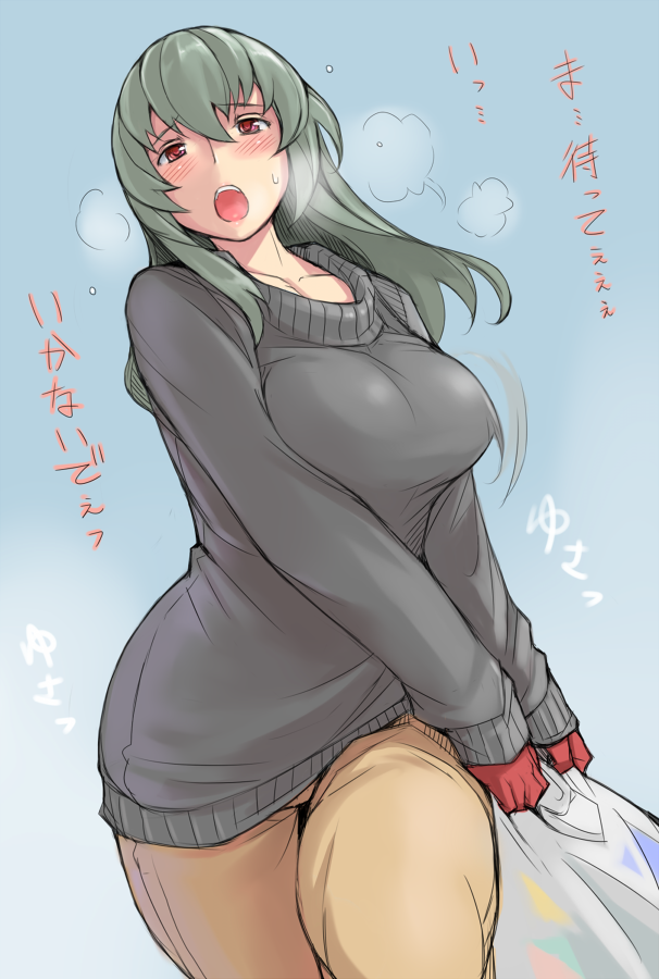adult, blush, breasts, collarbone, curvy, dragging, gloves, green_hair