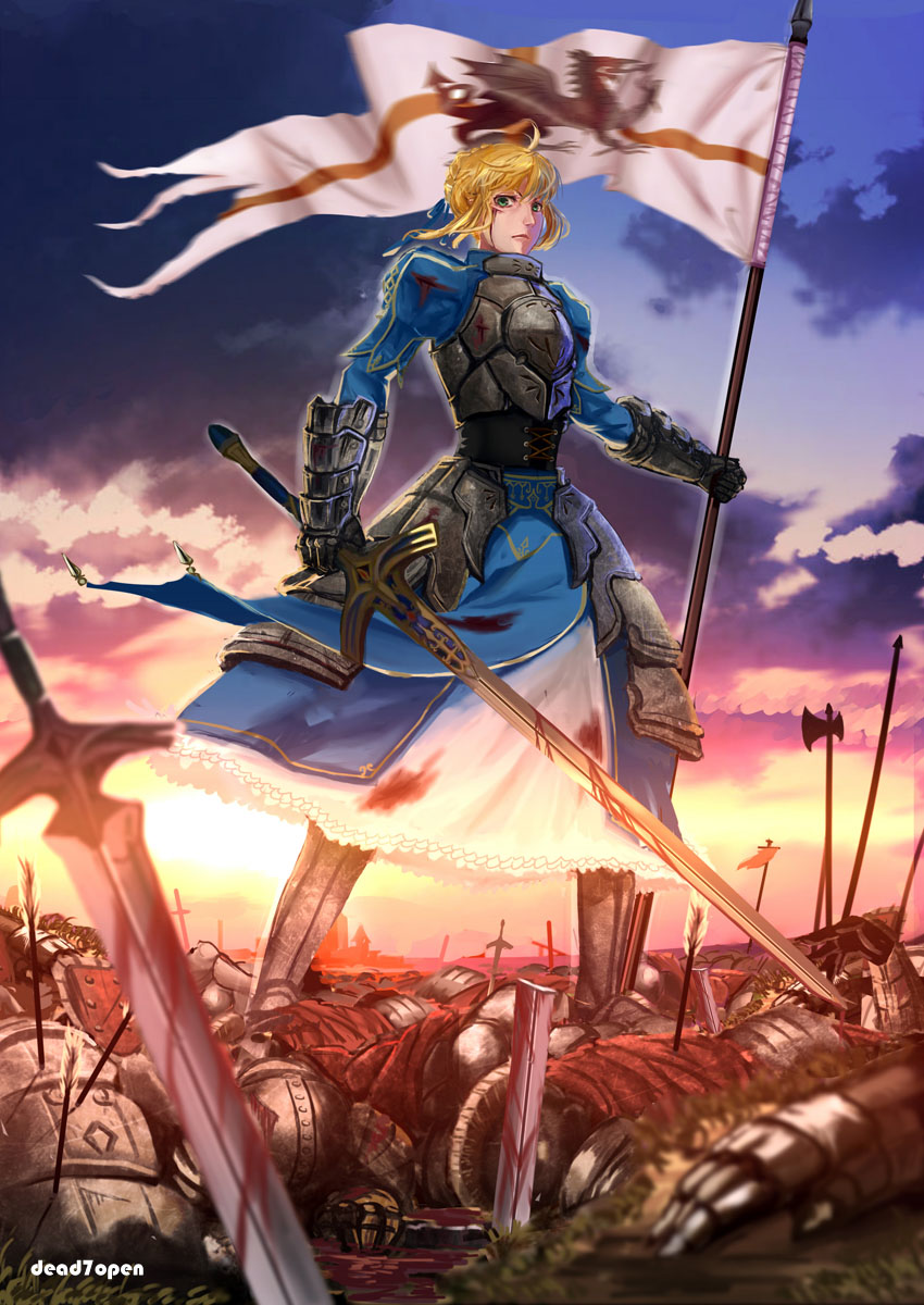 adapted_costume, ahoge, armor, armored_dress, army, artist_name, battlefield, blonde_hair