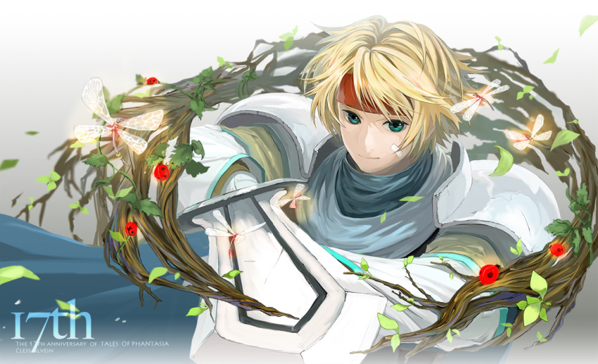 anniversary, armor, bandage, bandages, blonde_hair, cape, character_name, cless_alvein