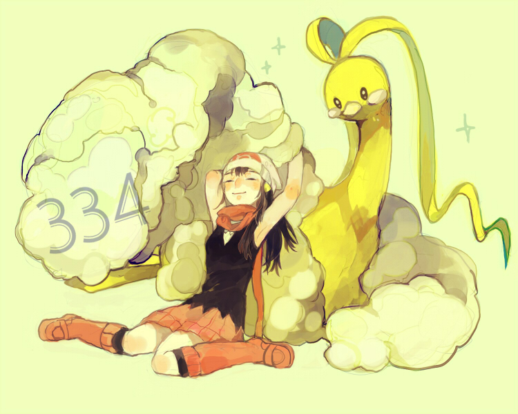 1girl, altaria, alternate_color, beanie, bird, black_hair, blue_hair, boots