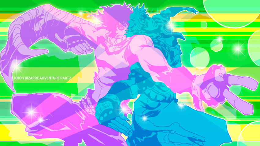 bloody_stream, caesar_anthonio_zeppeli, fabulous, facial_mark, fighting_stance, fingerless_gloves, gloves, headband, jacket, jojo_no_kimyou_na_bouken, joseph_joestar_(young), midriff, multiple_boys, multiple_monochrome, official_art, posing, scarf, v, yotsube_nawoki