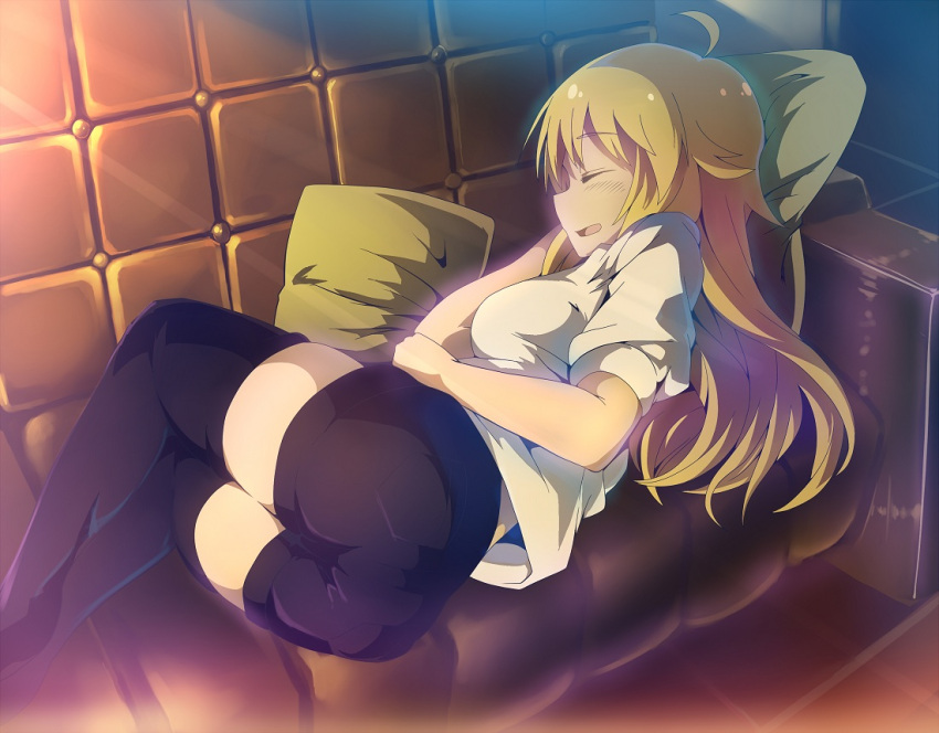 ahoge, ass, black_legwear, blonde_hair, breasts, couch, hoshii_miki, idolmaster
