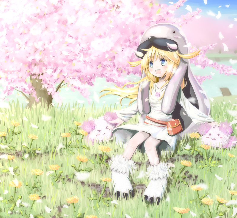 blonde_hair, cherry_blossoms, choky, latale, long_hair, open_mouth, paprika_shikiso, smile, solo