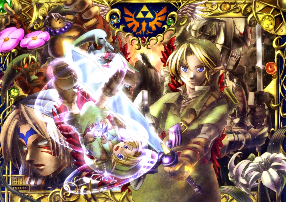 belt, blonde_hair, blue_eyes, earrings, fierce_deity, flower, frame, gloves, goron, hat, hero's_shade, hero's_shade, instrument, jewelry, link, link_(wolf), majora's_mask, majora's_mask, mask, master_sword, multiple_persona, nintendo, ocarina, pointy_ears, smile, suzumiya_misa, sword, the_legend_of_zelda, triforce, twilight_princess, weapon, young_link, zora