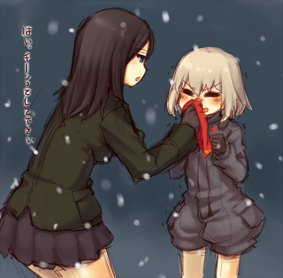 black_hair, blonde_hair, blue_eyes, brown_hair, cold, girls_und_panzer, gloves, handkerchief, hankerchief, katyusha, kou_(garakuta_teikoku), long_hair, military, military_uniform, multiple_girls, nonna, short_hair, skirt, snow, translated, trembling, uniform