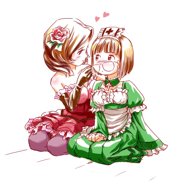 blush, breasts, brown_hair, deathsmiles, dress, elbow_gloves, eye_contact, flower, follett, glasses, gloves, hair_flower, hair_ornament, hand_on_another's_face, hand_on_another's_face, heart, jkt_(sheltem), looking_at_another, multiple_girls, rosa_(deathsmiles), seiza, short_hair, sitting, smile, yuri