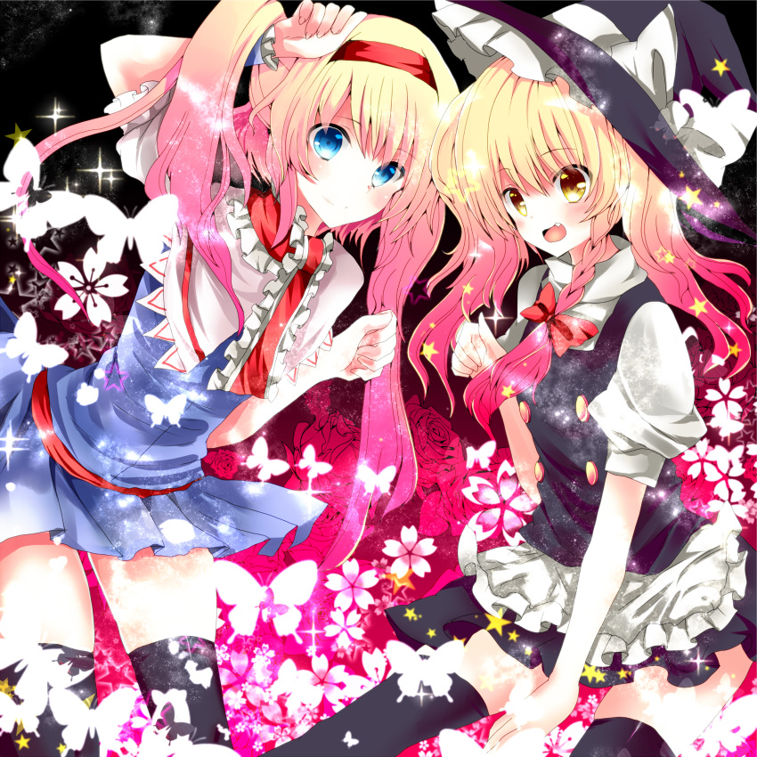 alice_margatroid, alternate_hair_length, alternate_hairstyle, apron, arm_up, black_dress, black_legwear, blonde_hair