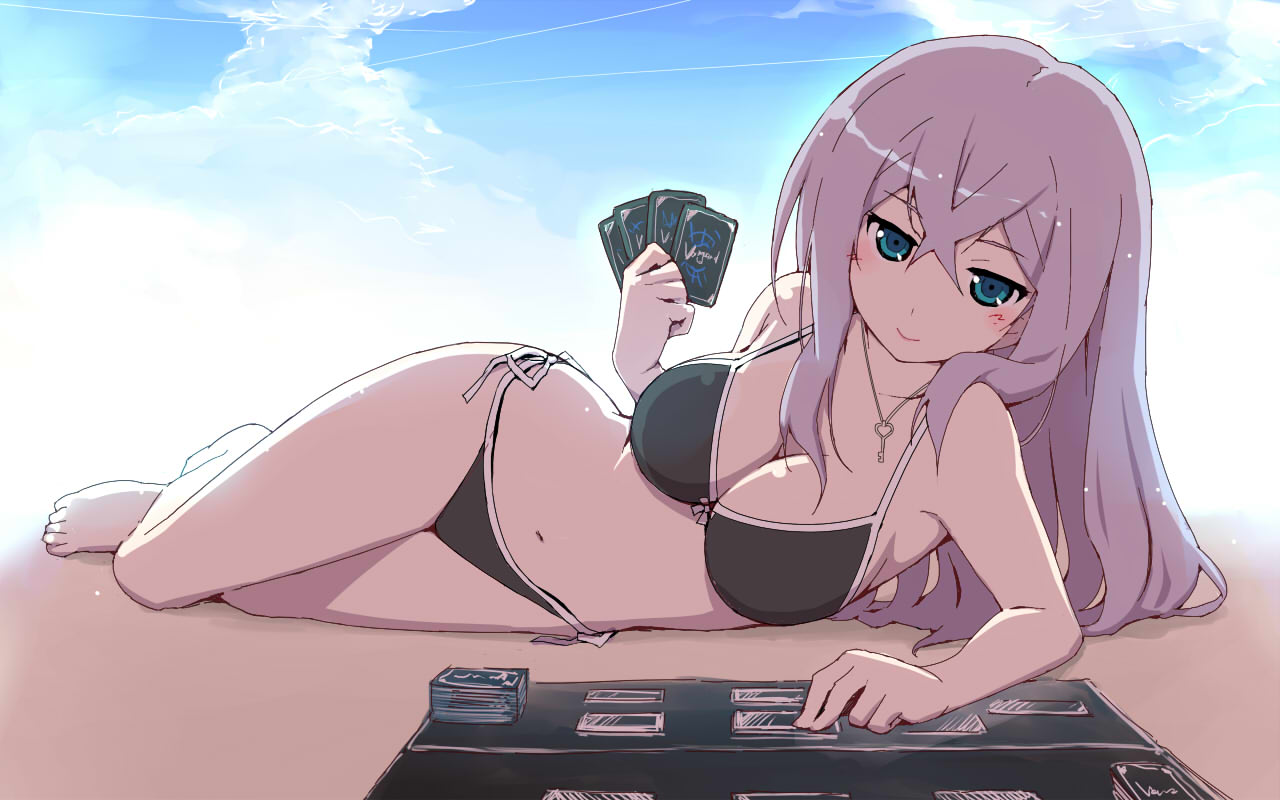 akata_itsuki, aqua_eyes, barefoot, bikini, black_bikini, breasts, card, cardfight!!_vanguard