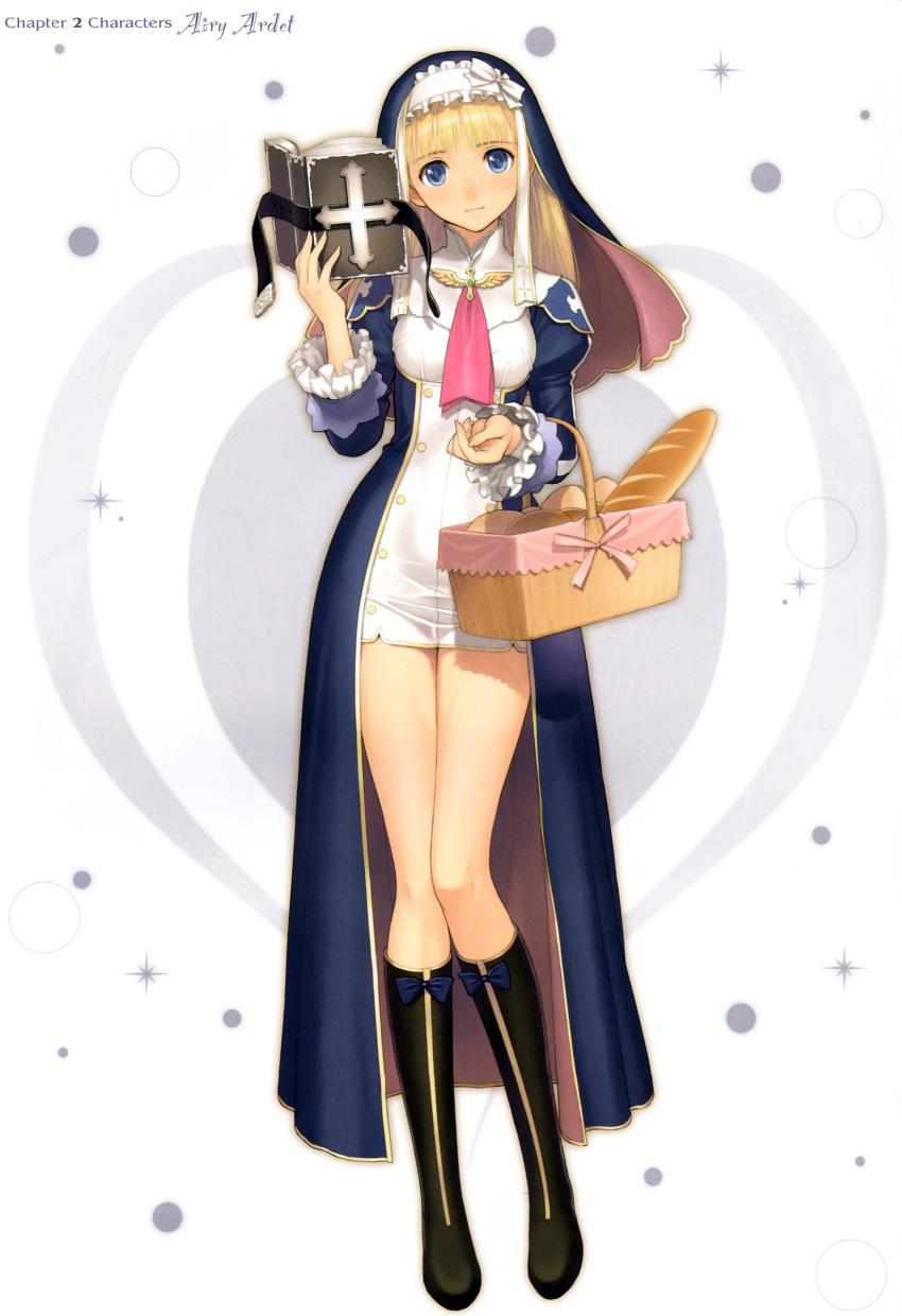 absurdres, basket, bible, blonde_hair, blue_eyes, boots, bread, eari_(shining_hearts), fingernails, food, habit, highres, knee_boots, light_smile, long_fingernails, long_hair, looking_at_viewer, nun, scan, shining_(series), shining_hearts, smile, solo, taka_tony, tanaka_takayuki