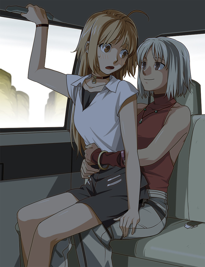 428, bare_shoulders, blonde_hair, blush, bracelet, brown_eyes, canaan, canaan_(character)