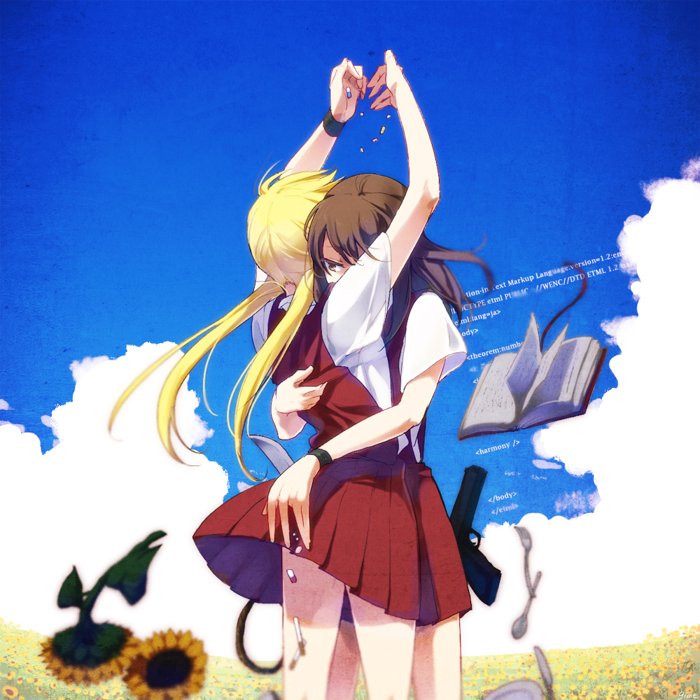 blonde_hair, book, brown_hair, code, dropping, flower, fork, gime