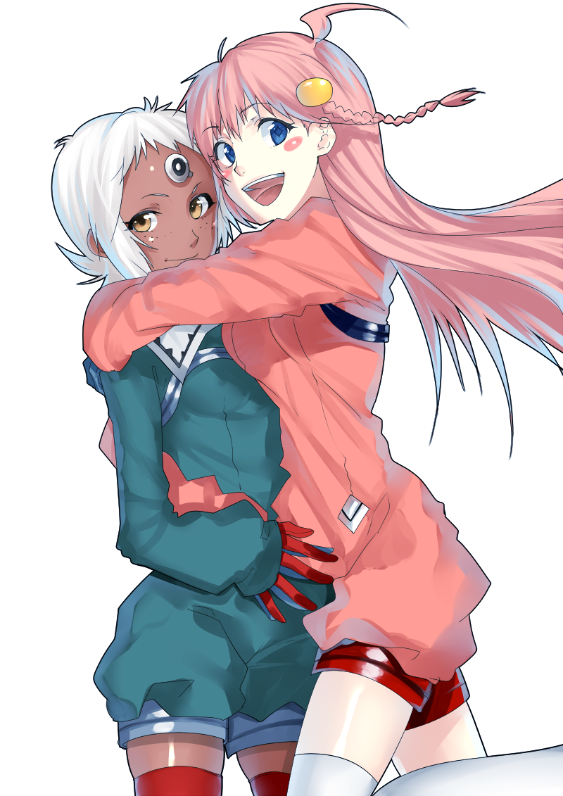2girls, :d, ahoge, asukasukisuki, blue_eyes, blush_stickers, braid, dark_skin