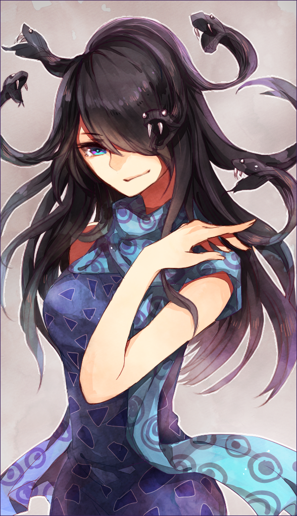 black_hair, blue_eyes, female, hair_over_one_eye, hakuel, kamen_rider, kamen_rider_wizard_(series), long_hair, medusa_(kamen_rider_wizard), scarf, smile, snake_hair, solo