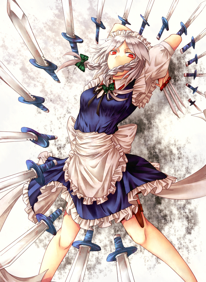 braid, hair_ribbon, izayoi_sakuya, knife, kozuki_kai, maid, maid_headdress, red_eyes