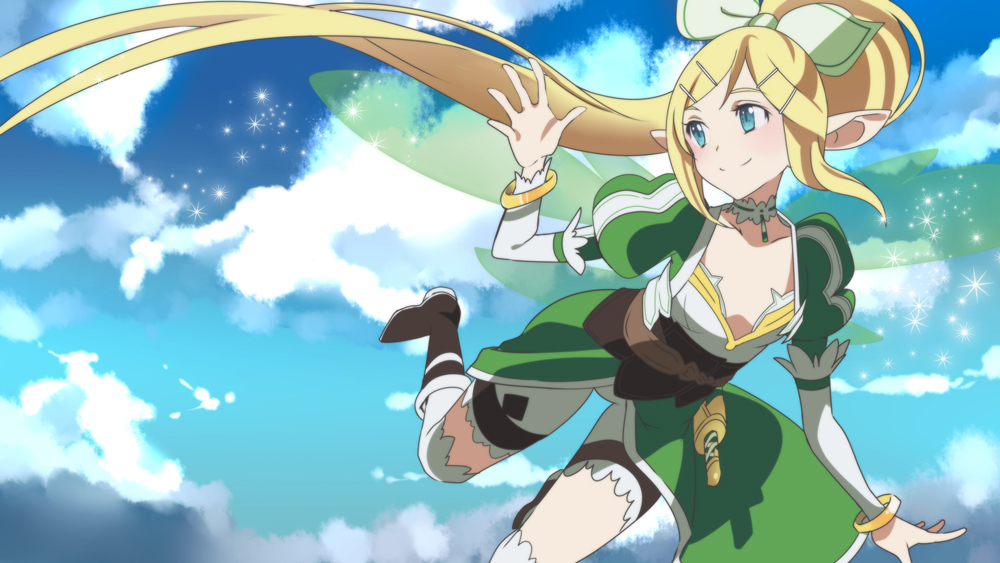 1girl, 1hayu, alternate_hairstyle, aqua_eyes, bike_shorts, blonde_hair, blush, bracelet, choker, cloud, clouds, hair_ornament, hair_ribbon, hairclip, jewelry, kagamine_rin, leafa, leafa_(cosplay), long_hair, pointy_ears, ponytail, puffy_sleeves, ribbon, shorts, sky, smile, solo, sword_art_online, thighhighs, very_long_hair, vocaloid, white_legwear