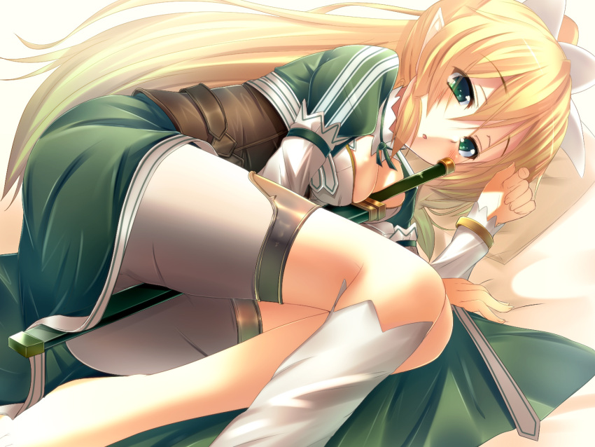 between_breasts, blonde_hair, bracelet, elf, green_eyes, highres, jewelry, leafa, long_hair, lying, on_side, pastel-pastel, pointy_ears, ponytail, sheath, sheathed, shorts, single_thighhigh, solo, sword, sword_art_online, thigh-highs, thighhighs, weapon