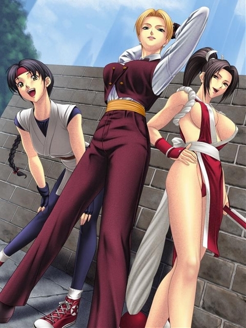 3girls, blonde_hair, brown_hair, japanese_clothes, king_(snk), king_of_fighters, kof, long_hair