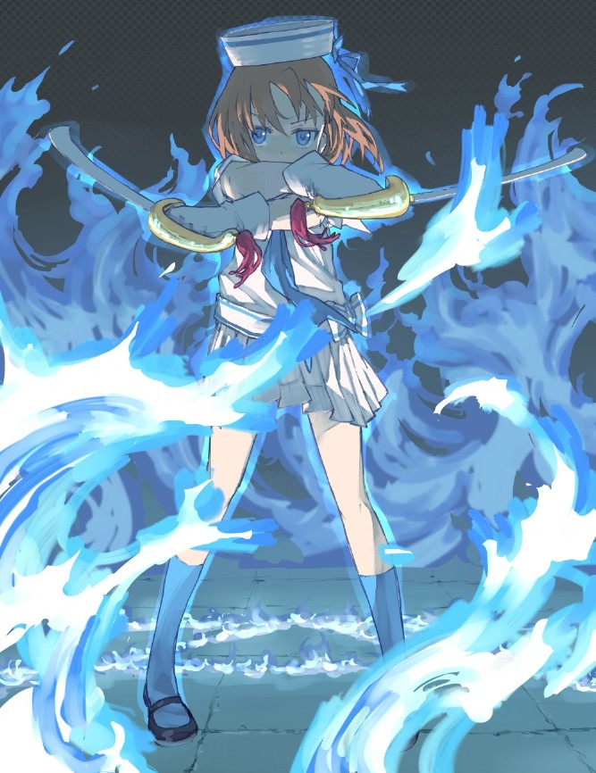 blue_hair, dixie_cup_hat, dual_wielding, eiyuu_senki, francis_drake_(eiyuu_senki), gloves, hat, magic, sailor, shoe-ji, short_hair, skirt, solo, sword, weapon