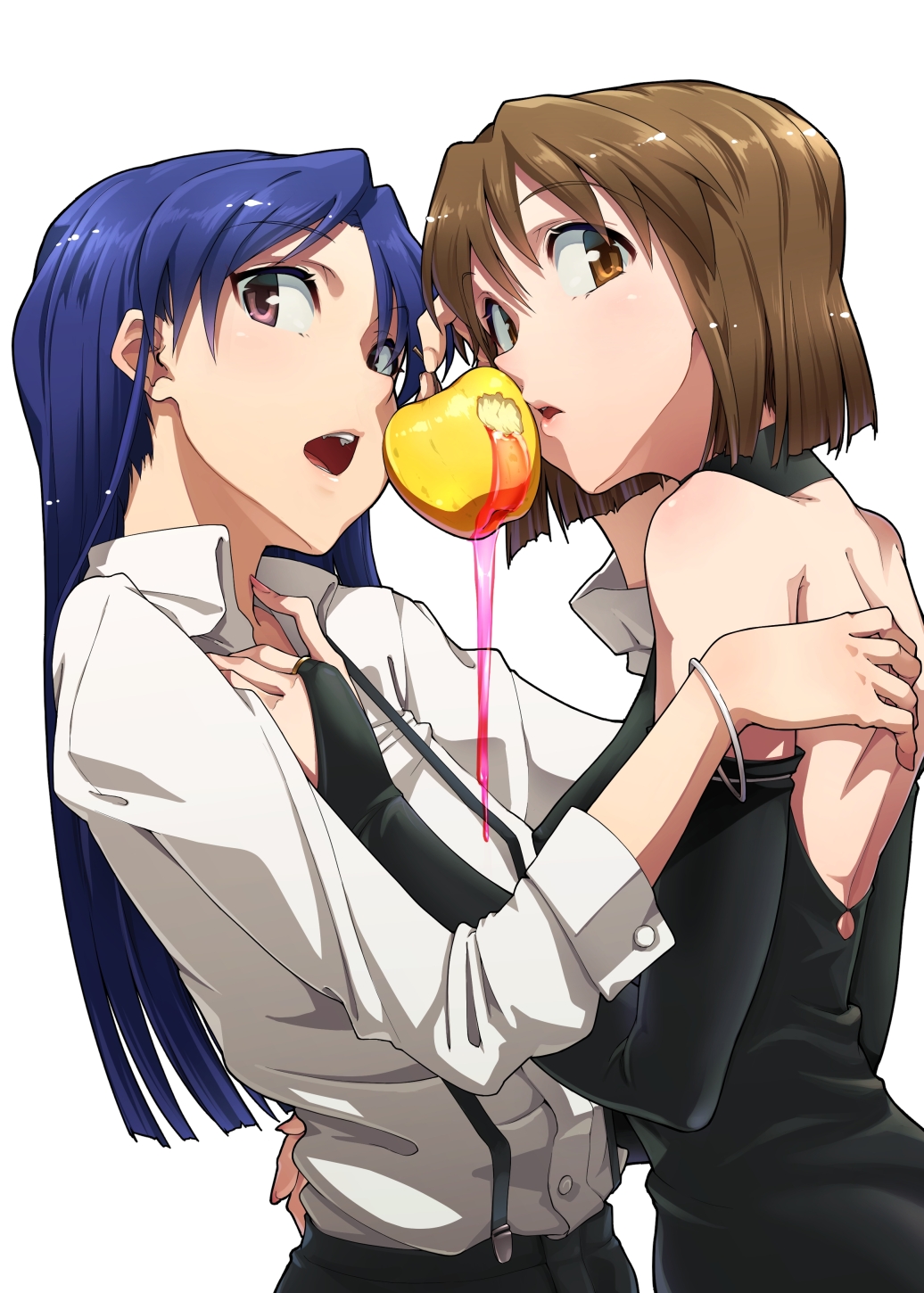 apple, aya_shachou, bare_shoulders, blue_hair, bridal_gauntlets, brown_eyes, brown_hair, food