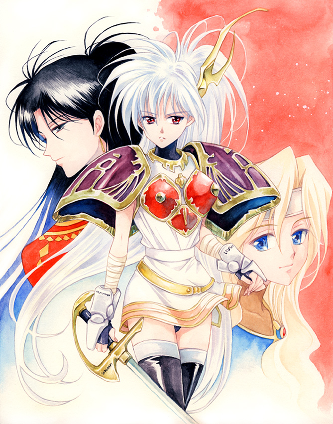 agahari, armor, black_hair, blonde_hair, jessica_(langrisser), langrisser, langrisser_iii, liffany