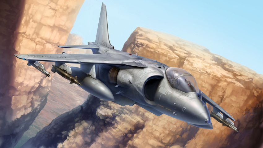 bomb, canyon, cockpit, dutch_angle, fighter_jet, harrier_jump_jet, helmet, jet, missile, original, pilot, pilot_suit, realistic, sky, solo, taedu