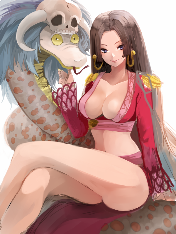 black_hair, blue_eyes, blush, boa_hancock, breasts, cleavage, collarbone, crossed_legs