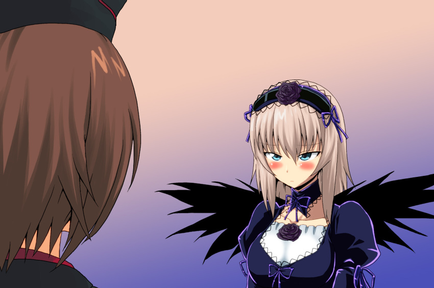 black_wings, blue_eyes, blush, cosplay, dress, embarrassed, flower, frills