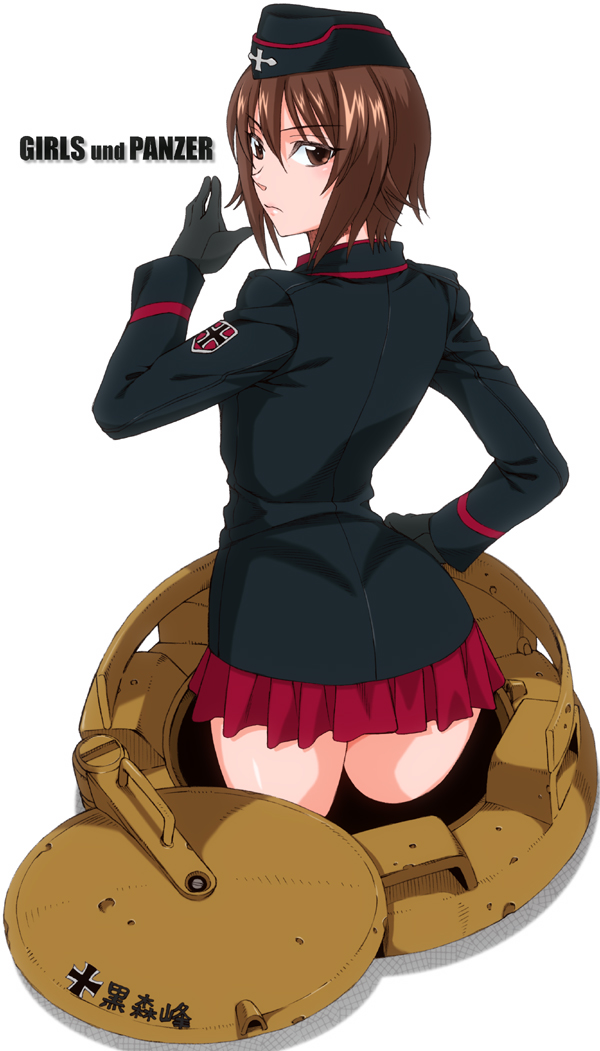 back, brown_eyes, brown_hair, garrison_cap, girls_und_panzer, gloves, hand_on_hip, hanzaki_jirou